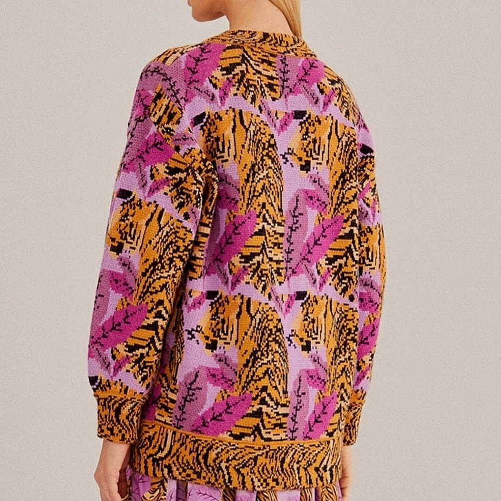 Farm Rio Lavender Tiger Leaves Knit Cardigan - Medium